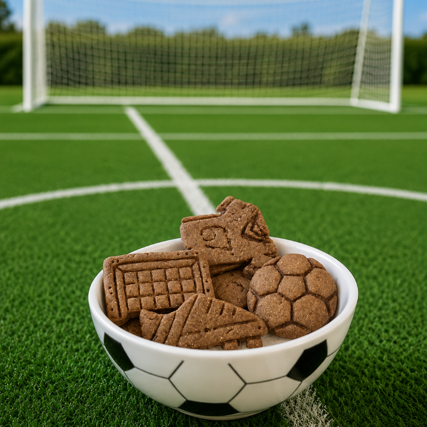 Bowl of cookies healthy treats shaped like soccer balls and fields on a football field